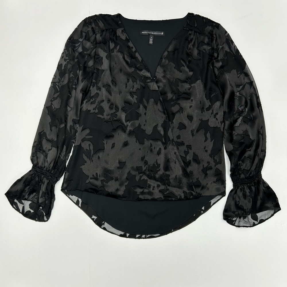 White House Black Market Black Burnout Blouse W 0 Sheer Sleeves SILK Blend - Picture 12 of 15